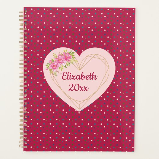 Magenta Floral Golden Heart Personalized Planner プランナー手帳 (正面)