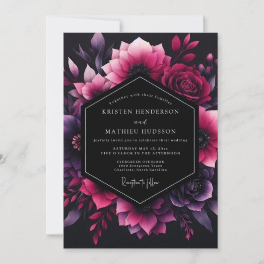 Magenta Floral Nocturne Wedding 招待状 (正面)