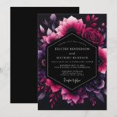 Magenta Floral Nocturne Wedding 招待状 (正面/裏面)