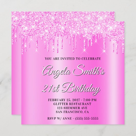 Magenta Glitter Drips Shimmer Ombre Drop Shadow 招待状 (正面/裏面)