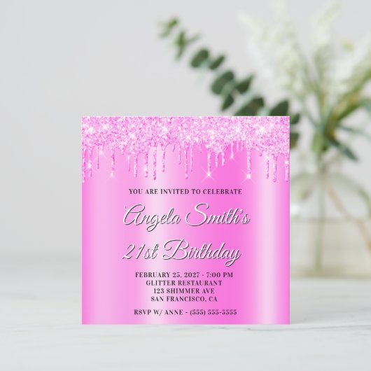 Magenta Glitter Drips Shimmer Ombre Drop Shadow 招待状 (スタンド正面)