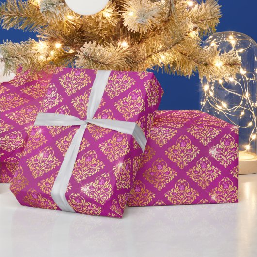 Magenta & Gold Damask Sparkle Pattern ラッピングペーパー (クリスマス)