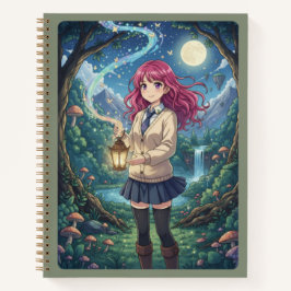 Magenta Hair Anime Girl & Enchanted Forest Lantern ノートブック