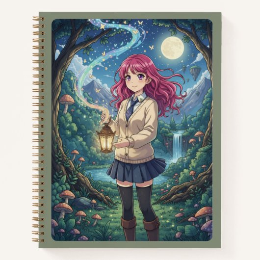 Magenta Hair Anime Girl & Enchanted Forest Lantern ノートブック (正面)