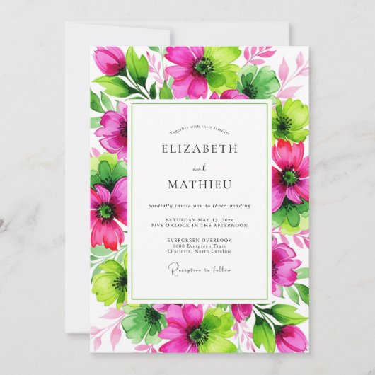 Magenta Lime Vivid Botanical Wedding 招待状 (正面)