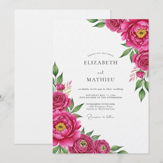 Magenta Lush Painterly Bloom Wedding 招待状 (正面/裏面)