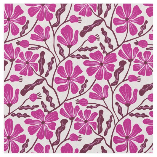Magenta Mid Century Modern Floral Pattern ファブリック (クローズアップ)
