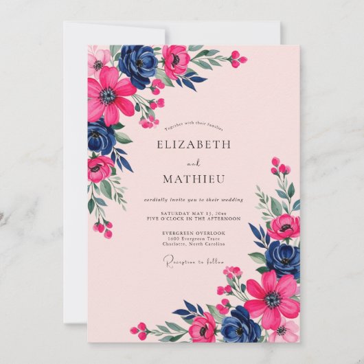 Magenta Navy Botanical Spring Wedding 招待状 (正面)