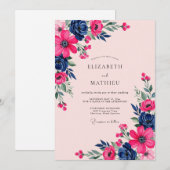 Magenta Navy Botanical Spring Wedding 招待状 (正面/裏面)