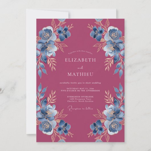 Magenta Ornate Botanical Wedding 招待状 (正面)