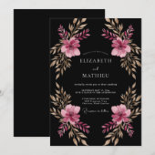 Magenta Painterly Blossom Wedding 招待状 (正面/裏面)