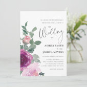 Magenta Pink Blush Floral Roses White Wedding 招待状 (スタンド正面)