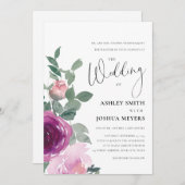 Magenta Pink Blush Floral Roses White Wedding 招待状 (正面/裏面)