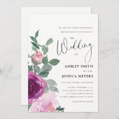 Magenta Pink Blush Pink Floral Roses Ivory Wedding 招待状 (正面/裏面)