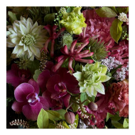Magenta Pink Orchid and Green Clematis Floral Post ポスター