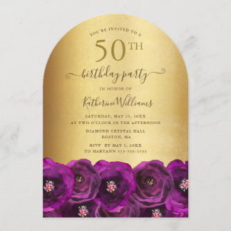 Magenta Pink Rose Floral Gold 50th Birthday Party 招待状