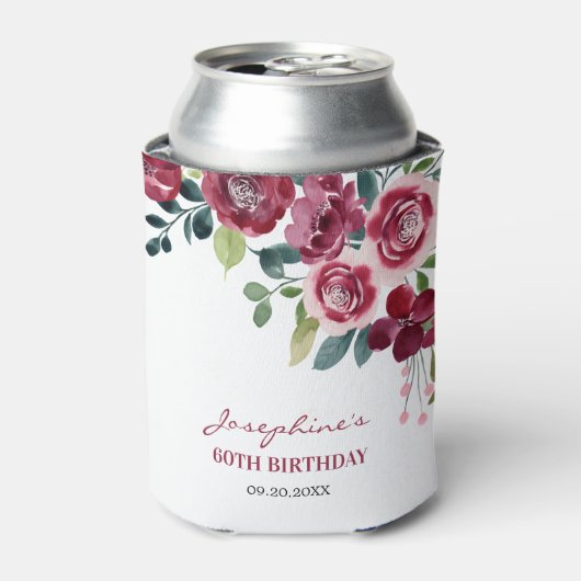Magenta Pink Rose Floral Greenery Birthday 缶クーラー (缶正面)