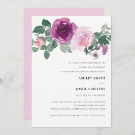Magenta Pink Watercolor Floral Ivory Pink Wedding 招待状