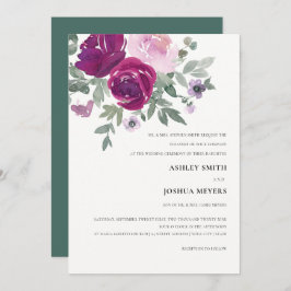 Magenta Pink Watercolor Floral Pearl White Wedding 招待状