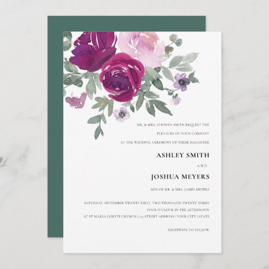 Magenta Pink Watercolor Floral Wedding 招待状 (正面/裏面)