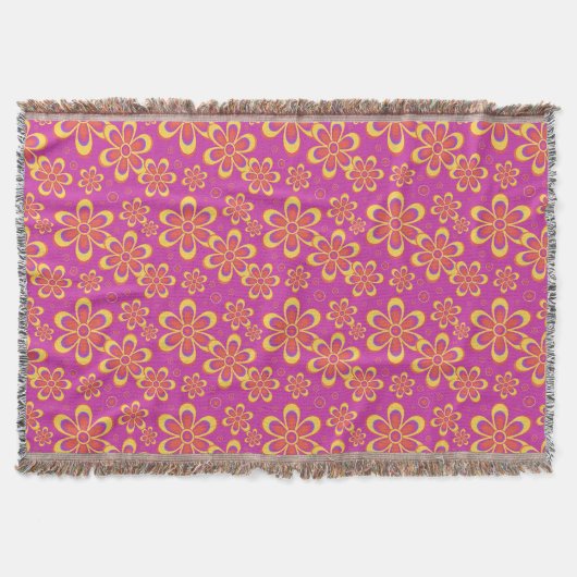 Magenta Purple Yellow Groovy Flower Pattern スローブランケット (正面)