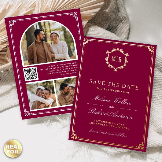 Magenta QR Code Photo Wedding Save the Date Gold 箔招待状