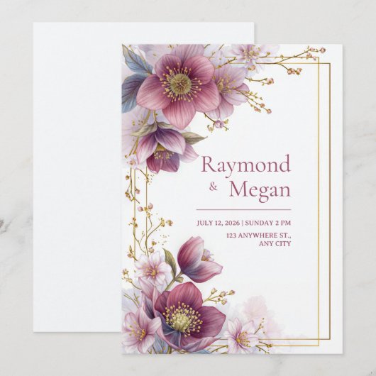 Magenta Rose Hellebore Botanical Frame Wedding 招待状 (正面/裏面)