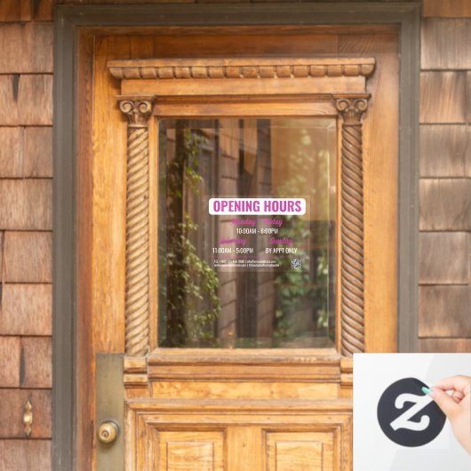 Magenta White Retro Script QR Code Opening Hours ウィンドウサイン (ホームデコレーション)