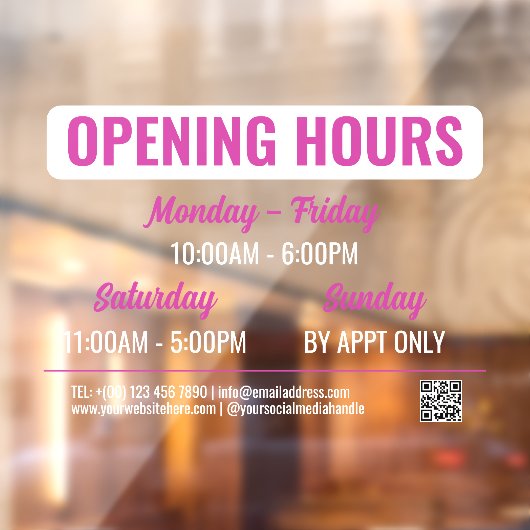 Magenta White Retro Script QR Code Opening Hours ウィンドウサイン (シート2)