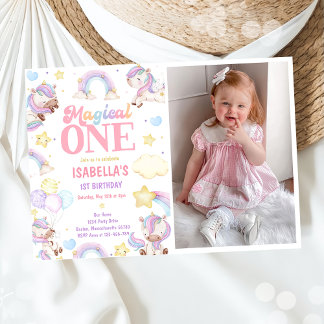 Magic One Rainbow Unicorn 1st Birthday Photo 招待状