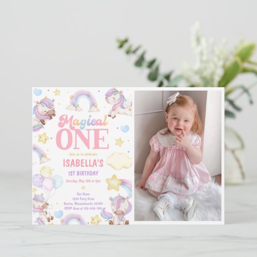 Magic One Rainbow Unicorn 1st Birthday Photo 招待状 (スタンド正面)