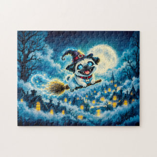 Magic Pug Witch Over Snowy City ジグソーパズル
