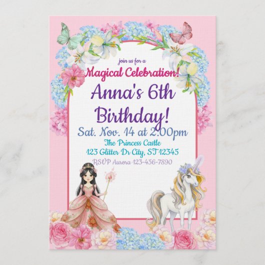 Magical Asian Princess Unicorn Birthday 招待状 (正面)