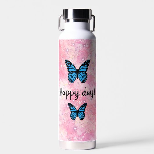 Magical blue butterfly pink glitter art ウォーターボトル (正面)