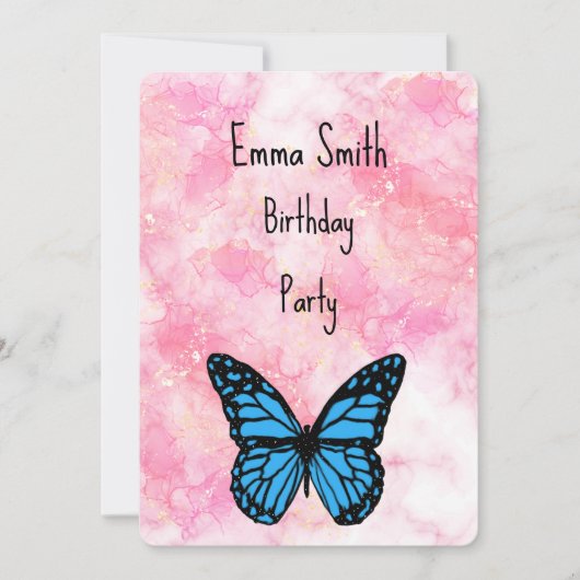 Magical blue butterfly pink glitter art サンキューカード (正面)