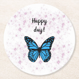 Magical blue butterfly pink glitter art ラウンドペーパーコースター