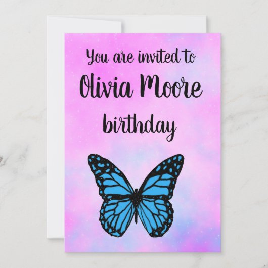 Magical blue butterfly pink glitter art  招待状 (正面)