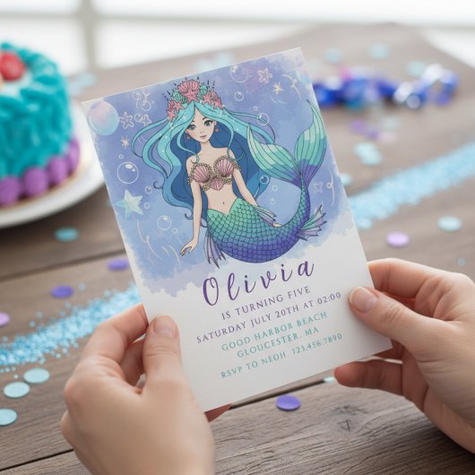 Magical Blue & Purple Mermaid Birthday Party  招待状