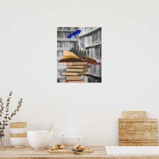 Magical books with dragon and castle poster ポスター (キッチン)