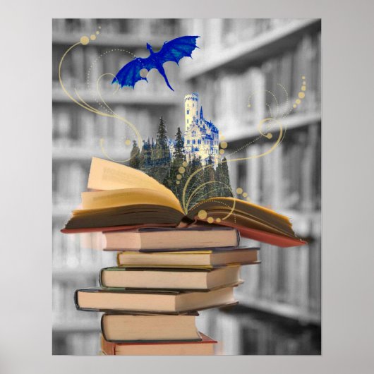 Magical books with dragon and castle poster ポスター (正面)