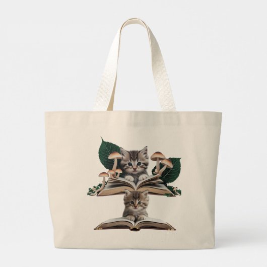 Magical Bookworm Kitten Tote Bag – Whimsical Cat  ラージトートバッグ (裏面)