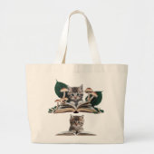 Magical Bookworm Kitten Tote Bag – Whimsical Cat  ラージトートバッグ (正面)