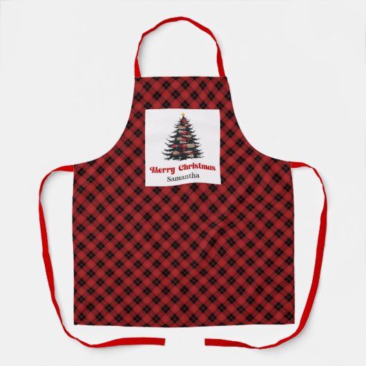 Magical Buffalo Plaid Tree Personalized Name Apron エプロン (正面)