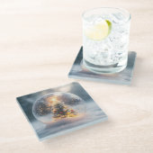 Magical Christmas Snow Globe with Glowing Tree ガラスコースター (アングル)