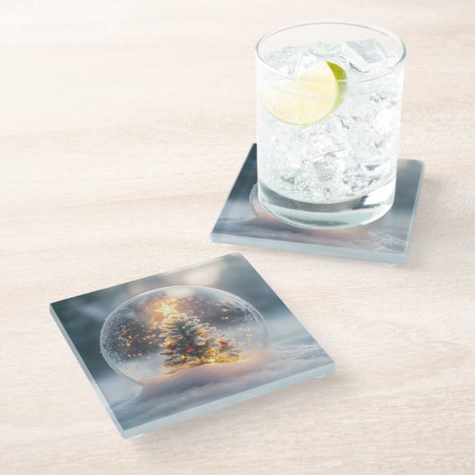 Magical Christmas Snow Globe with Glowing Tree ガラスコースター (アングル)