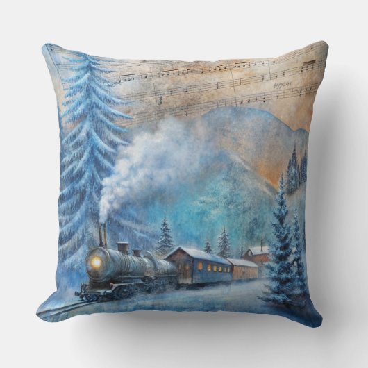Magical Christmas Train Pillow – Vintage Winter クッション (正面)