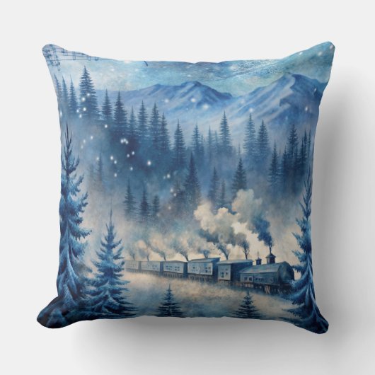 Magical Christmas Train Pillow – Vintage Winter クッション (正面)