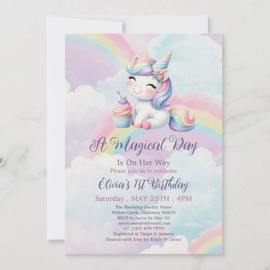 Magical Cute Unicorn Rainbow  1st Birthday  招待状 (正面)