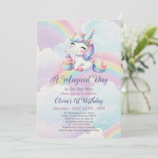 Magical Cute Unicorn Rainbow  1st Birthday  招待状 (スタンド正面)