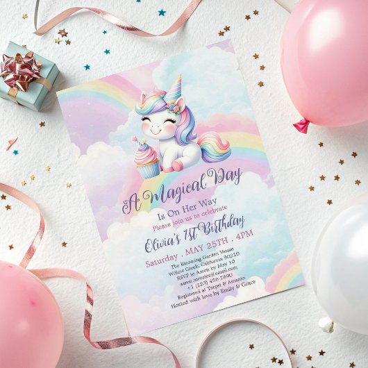 Magical Cute Unicorn Rainbow 1st Birthday 招待状